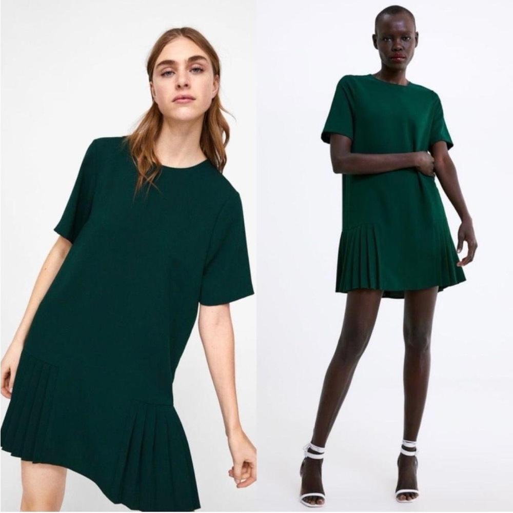 Zara Dark Green Pleat Mini Dress Size M